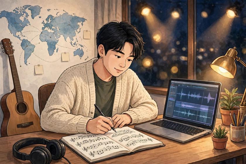 세계지도를 배경으로 곡을 쓰고 있는 송라이터